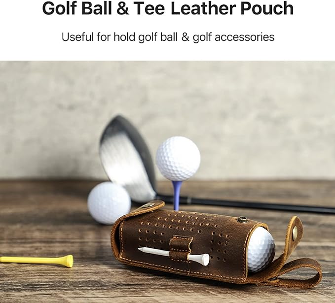 Top Grain Genuine Leather Golf Ball Pouch Holder, Vintage Design, Handmade No Logo, Portable and Holds Up to 3 Balls & 4 Tees, Golf Accessory Gift for Man & Woman