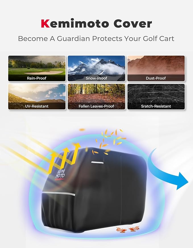 KEMIMOTO 600D Waterproof Golf Cart Cover, Universal Heavy Duty Large Golf Cart Rain Cover with Storage Bag Compatible with EZGO Club Car 2/2+2/4 Passenger, Black