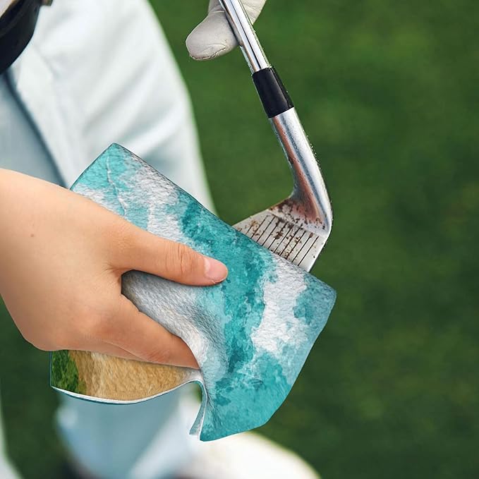 Funny Golf Towel with Carabiner Clip 24"x16" Ocean Beach Golf Towels for Golf Bags Microfiber Waffle Teal Golfs Rag for Disc Balls Clubs Golfs Accessories for Women Mom Dad