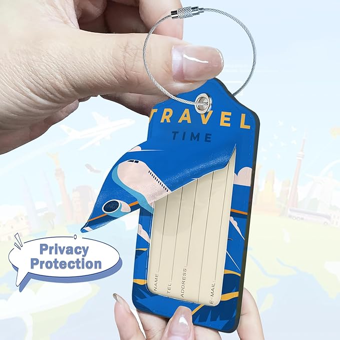 2 Pack Luggage Tags,Leather Suitcase Tags with Privacy Cover Name Address Labels& Durable Steel Loop for Men/Women Travel Bag Suitcases(Time to Travel Retro)