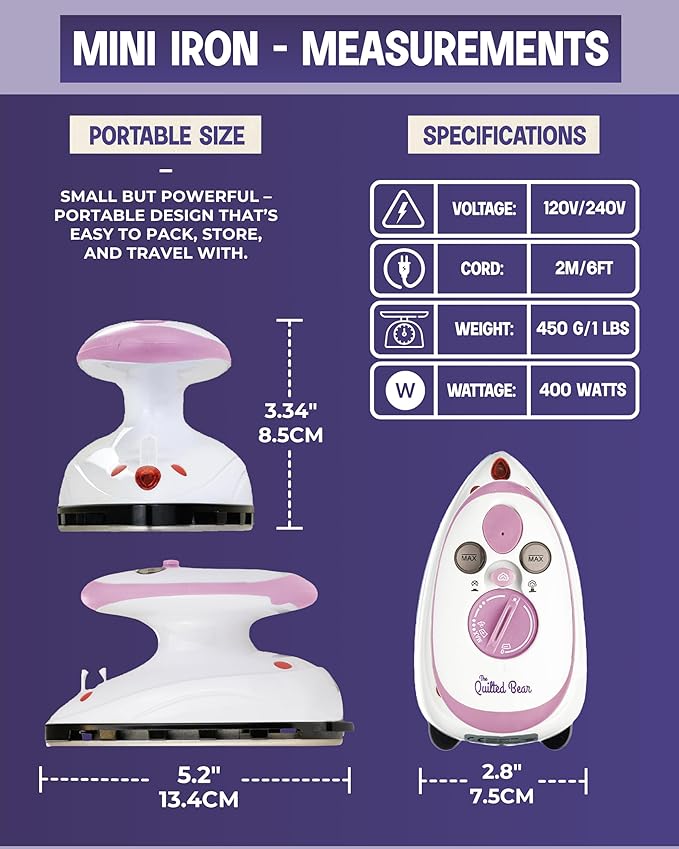 The Quilted Bear Mini Iron, Rest & Ironing Mat - Lightweight Mini Steam Iron with Hard Shell Travel Case, Rest & Ironing Mat - Travel Essentials for Wrinkle Free Clothes & Effortless Quilting (Pink)