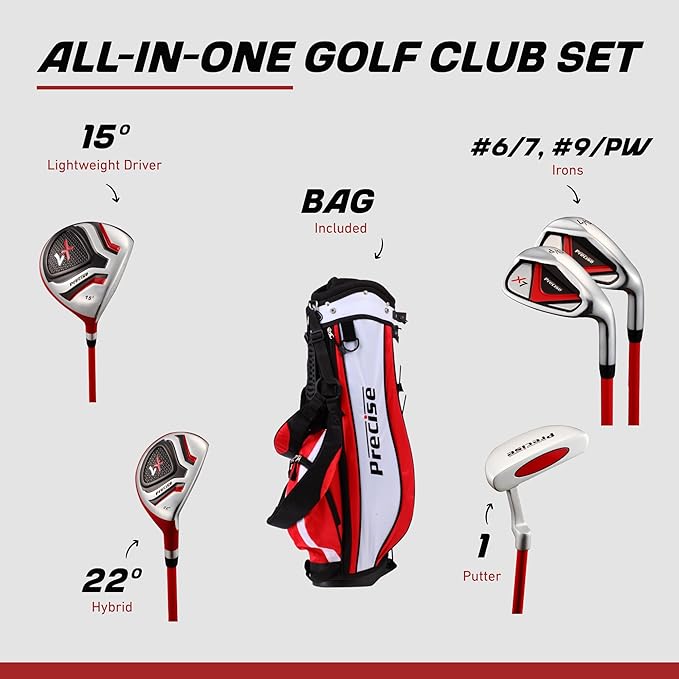 Precise X7 Kids Golf Clubs Set – Boys’ & Girls’ Junior Golf Set with Lightweight Graphite Shafts, Hybrid, Putter & Stand Bag