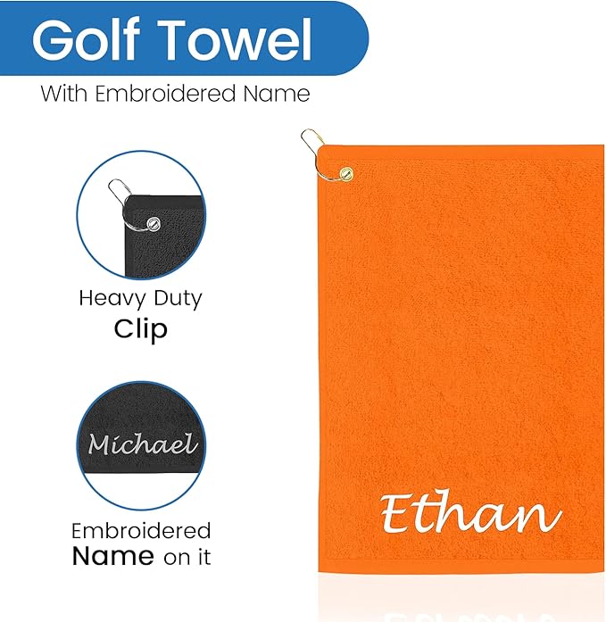 Personalized Passion Golf Towel with Embroidered Name - 16"x26" Custom Golf Towels with Clip - Soft & Highly Absorbent Plush Velour - Easily Wipes Away Sweat and Dirt - Gift for Golfers - Orange
