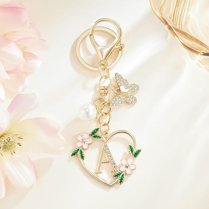 Gold Heart Initial Letter Keychain for Women Key chain Keyring for Purse Handbags Backpack Charm