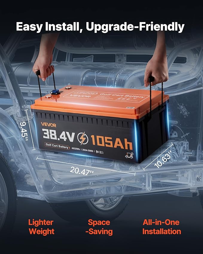 VEVOR 36V (38.4V) 105AH Lithium Golf Cart Battery, with 25A Charger, Lifepo4 Battery Kit, Built-in 200A BMS, with Bluetooth & Touch Monitor, 2C Discharge, 4000 Cycles, for Golf Carts, Trolling Motors