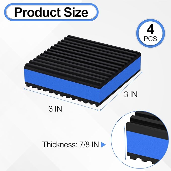 4 Pack Anti Vibration Pads for Washing Machine 3"x3"x7/8", Sound Isolation Vibrating Pad Ribbed Rubber Damping Mat EVA Center for Air Compressors, Conditioner, Treadmill, HVAC Washer Dryer