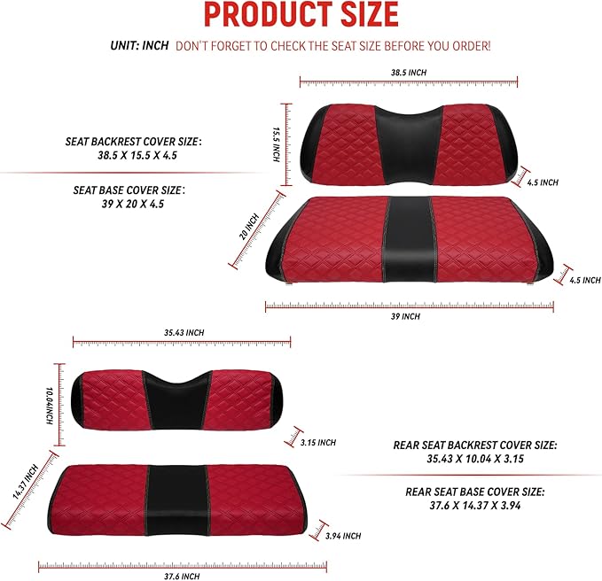 Golf Cart Front and Rear Seat Covers Waterproof and Sun Resistant Marine Grade Vinyl Leather Seat Cover Accessories for Club Car Precedent 2004+, Deep Red(4PCS)