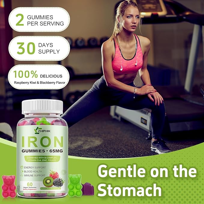 Iron Supplement for Women, Men & Kids, 65mg & Vitamin C 250mg per Serving with B6 B12 Folate- Energy Support for Iron Deficiency, Anemia, Vegan GummyRaspberry Kiwi & BlackBerry Flavor, 60 Gummies