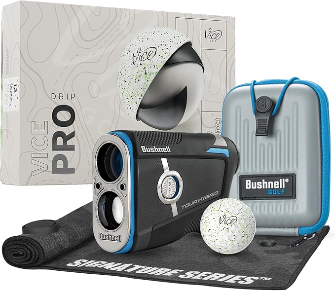 Bushnell Golf Tour Hybrid GPS Laser Rangefinder with Vice Balls | Slope Compensation, Magnetic Mount, Front/Middle/Back Distance, 1300 YD Range, PinSeeker | Signature Series Golf Towel