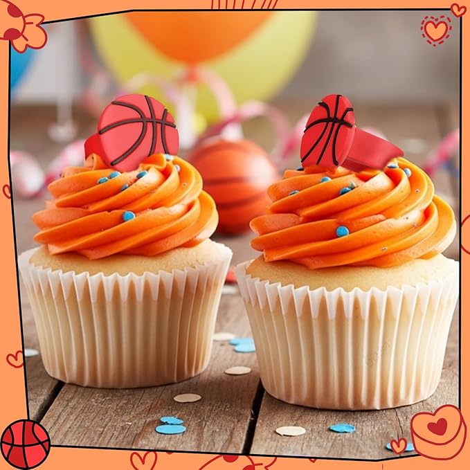 Honeydak 48 Pcs Basketball Cupcake Rings Toppers Decoration Sport Ball Theme Cupcake Picks Baseball Softball Basketball Volleyball Cake Decoration for Sport Baby Shower Birthday Party Cake Supplies