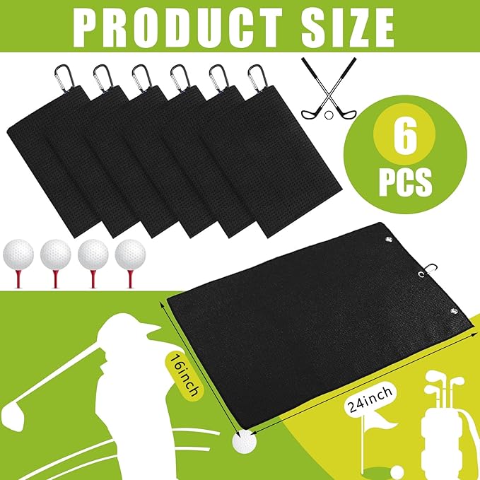 Cindeer 6 Pack Large Golf Towels, 16" x 24" Tri-fold Golf Towels, Microfiber Fabric Waffle Pattern Golfing Towel Portable with Heavy Duty Clip for Golfing Bag Remove Sand Dirt Mud Sweat(Black)