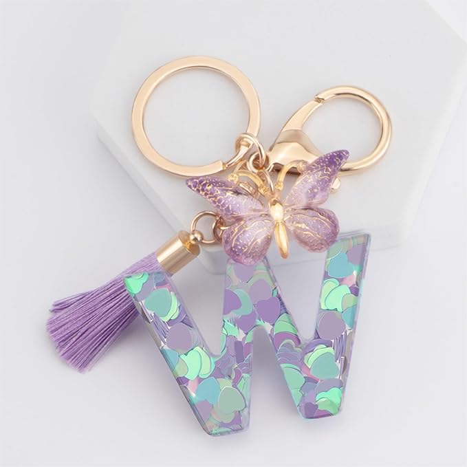 Suweibuke Colourful Cute Initial Letter Keychains for Women Girls with Tassel Butterfly, Charm for Purse Handbags Backpacks
