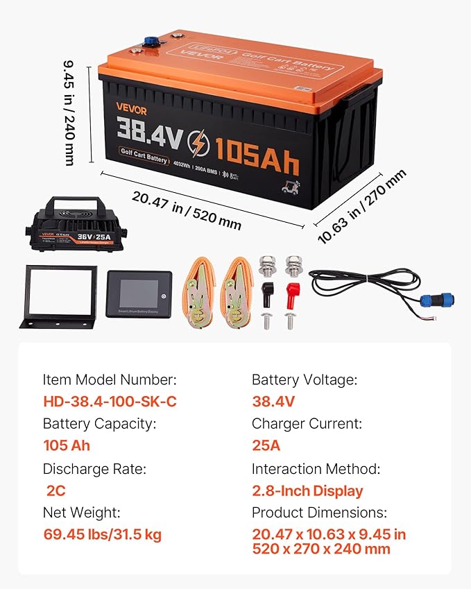 VEVOR 36V (38.4V) 105AH Lithium Golf Cart Battery, with 25A Charger, Lifepo4 Battery Kit, Built-in 200A BMS, with Bluetooth & Touch Monitor, 2C Discharge, 4000 Cycles, for Golf Carts, Trolling Motors