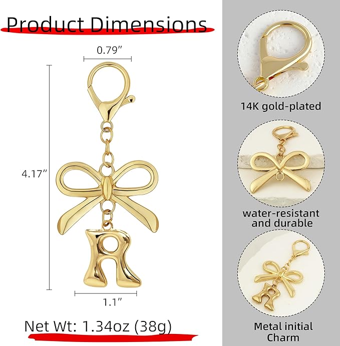 Gold Bubble Heart, Cherry, Bow & More Designs Letter Initial Keychain Bag Charms – Cute Purse Charms for Handbags