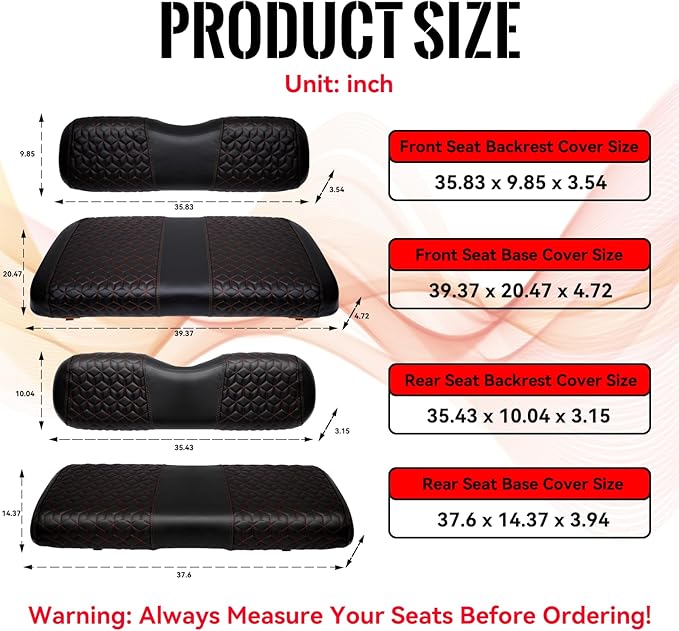 Golf Cart Seat Covers Front and Rear for EZGO TXT 1994-2013 Standard Seat Cushion, EZGO Vinyl Leather Seat Cover Set Replacement Accessories, No Staples, Black(4 PCS)