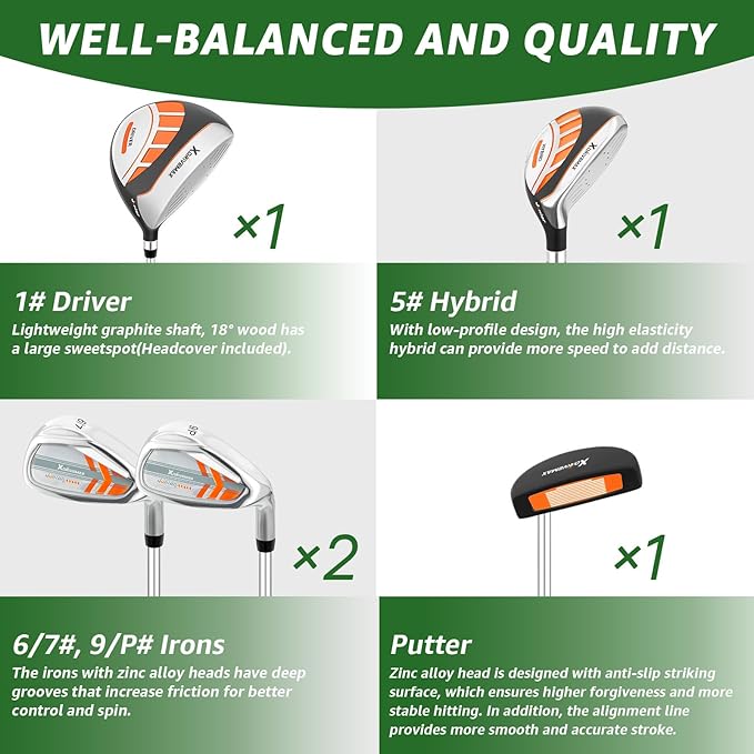 5/6 Pieces Kids Golf Club Set, Junior Golf Club Set Ages 4-12 Includes Stand Bag, 1# Drive, 5# Hybrid, 6/7#, 9/P# Irons and Putter Right Hand for Boys Girls