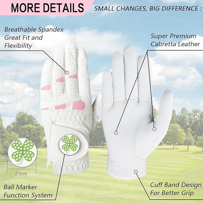 Women Golf Gloves Premium Leather with Magnetic Ball Marker Left Right Hand 1 Pack, Extra Grip for Ladies Comfortable Durable Size Small Medium Large