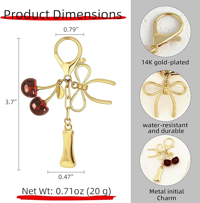 Gold Bubble Heart, Cherry, Bow & More Designs Letter Initial Keychain Bag Charms – Cute Purse Charms for Handbags