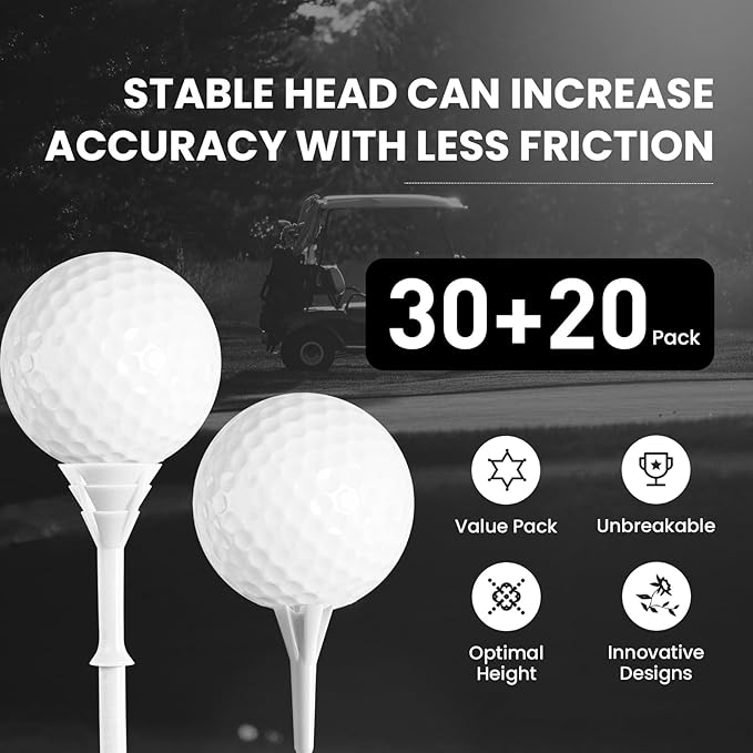 FINGER TEN Golf Tees Plastic Unbreakable 30 Tees 3 1/4 Inch and 20 More Short Tees 1 1/2 Inch with Black Golf Tee Bag, Easy to Find Value Gift Set