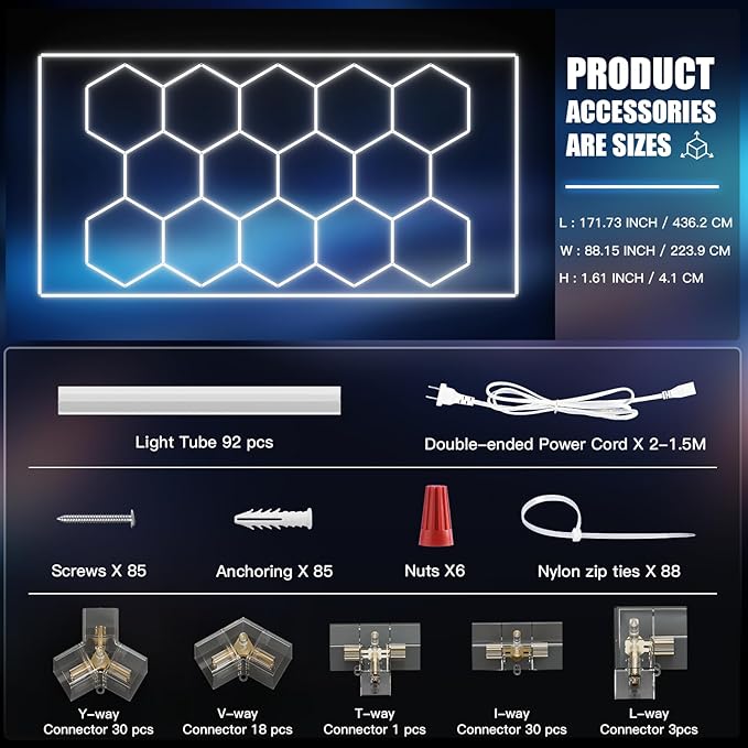 JTT Hexagon Garage Lights, 736W 73600LM LED Garage Hexagon Lights,6500K Super Bright Car Detailing Ceiling LED Shop Light for Basement, Warehouse, Auto Beauty Shop, Car Detailing Shop, Gym etc