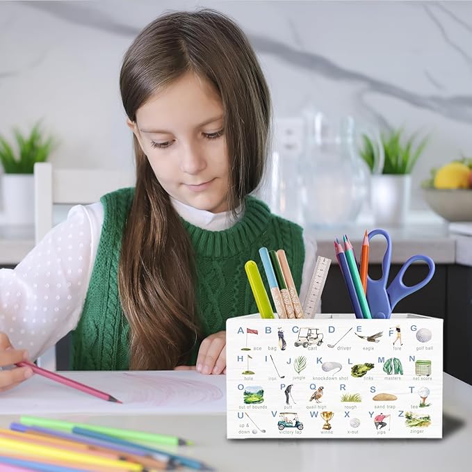 Golf Nursery Decor, Educational Golfing ABC Alphabet Pen Pencil Holder for Desk, Golf Lover Gifts Wooden Box Sign Desk Decor for Kids Room Nursery Playroom Classroom Decoration