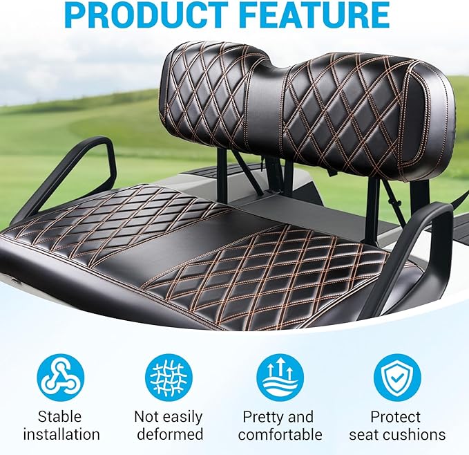 Golf Cart Diamond Seat Covers Kit Suitable for EZGO TXT Standard Front Seat Cushion, EZGO TXT Front Seat Covers Kit No Drilling & Waterproof (Black PVC Leather & Brown Stitching)