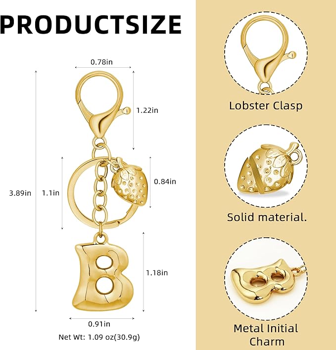Gold Bubble Heart, Cherry, Bow & More Designs Letter Initial Keychain Bag Charms – Cute Purse Charms for Handbags
