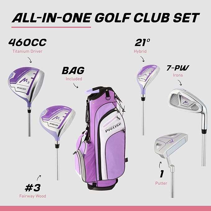 Precise M3 Complete Womens Golf Clubs Set, Includes Driver, Fairway, Hybrid, 7-PW Irons, Wedge, Putter, Stand Bag, 3 H/C's Purple, Golf Clubs Women Right Handed, Comes in 3 Sizes