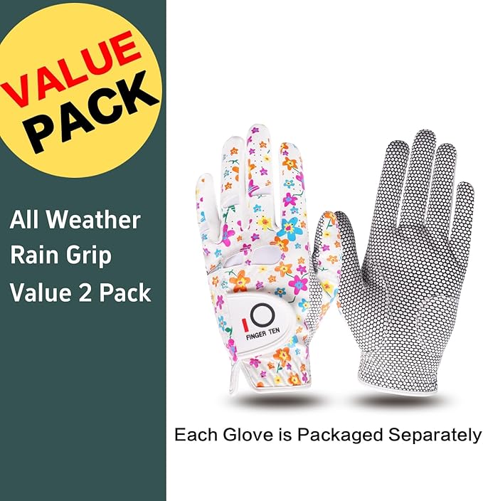 FINGER TEN Non Slip Golf Gloves Women 2 Pack for Left Right Handed Golfers, All Weather Grip & Comfortable Glove for Serious Performance, Fit Size Medium Small Large
