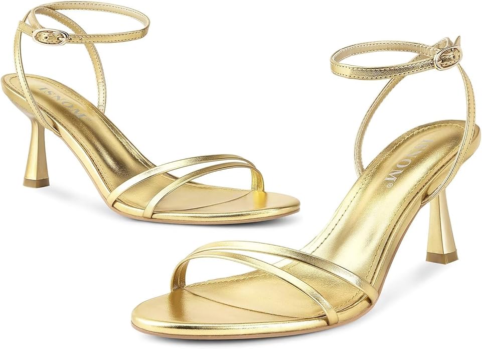 ISNOM Womens Sandals Round Toe Low Heels Strappy Ankle Strap Kitten Heel Comfort Dress Party Shoes