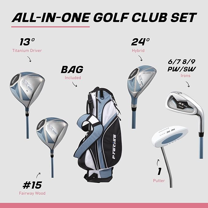 Precise NX460 Womens Golf Clubs Full Set, Includes Driver, Fairway, Hybrid, 4 Irons, Putter, Bag, 3 H/C's, Ultra-Light Graphite Shafts, Golf Clubs Women Right Handed, Regular and Petite Sizes