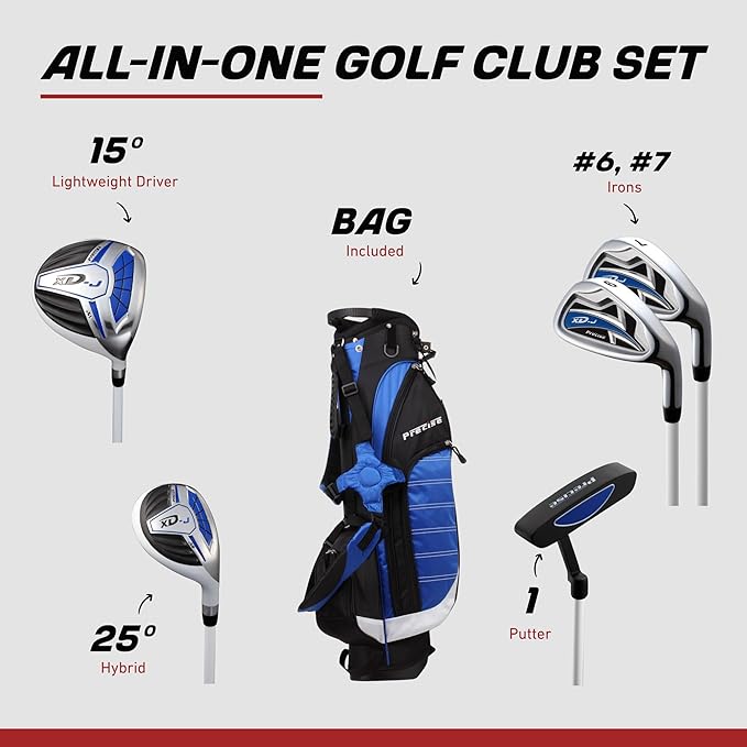 Precise XD-J Kids Golf Clubs Set – Boys’ & Girls’ Junior Golf Set with Lightweight Graphite Shafts, Hybrid, Putter & Stand Bag