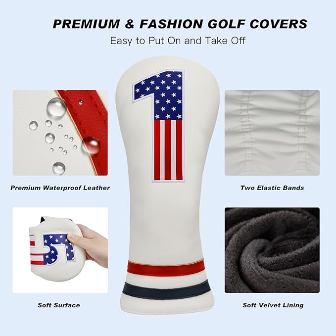 Golf Head Covers, 4pcs or 1pc USA Stars and Stripes Golf Club Covers for Woods and Driver Fairway Hybrid, PU Leather Golf Club Head Covers for Men Women with Interchangeable Tags, Fits Most Golf Clubs