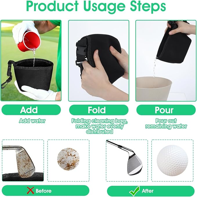 Golf Club Cleaner Bag with Clean Club Grooves, Golf Ball Cleaner Pouch with Waterproof Clean Face Tech Liner, Detachable Clip Machine Washable Golfball Washer Bags Golfball Accessories