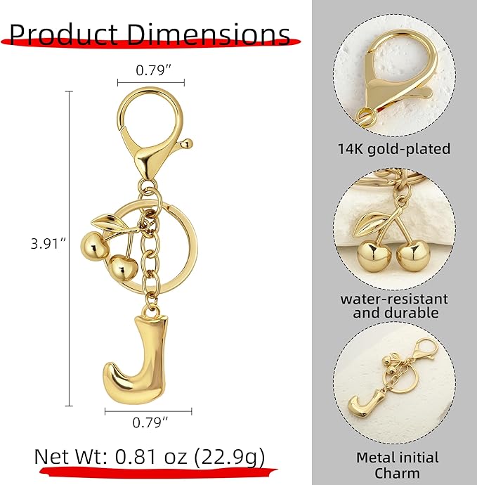 Gold Bubble Heart, Cherry, Bow & More Designs Letter Initial Keychain Bag Charms – Cute Purse Charms for Handbags