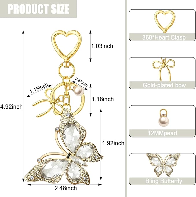Bag Charm Keychain for Women: Cute Bow Keychains with Diamond Butterfly Pendant, Bags Purse Key ring Accessory