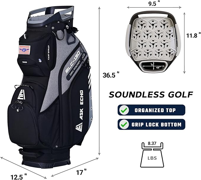 ASK ECHO SLC-130 Golf Cart Bag with 15 Way Full Length Dividers Top, Premium Quiet Golf Cart Bag with Rain Cover for Men