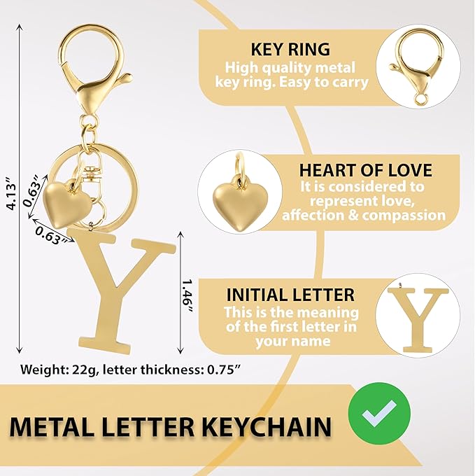 Metal Heart Alphabet Keychain for Women, Girls - Cute Initial Letter Accessories for Purse, Bag Charms and Backpack
