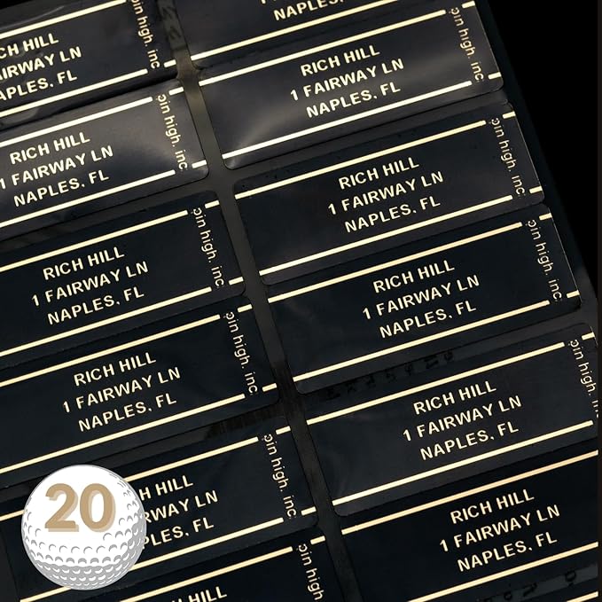 PIN HIGH 20 Personalized Golf Club ID Labels | Weatherproof, Fade Resistant, Laminated Thermal Transfer Labels, Made in The USA, (Free Customization & Shipping), Black