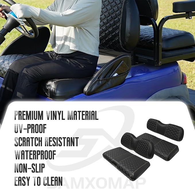 Golf Cart Front and Rear Seat Covers Waterproof and Sun Resistant Marine Grade Vinyl Leather Seat Cover Accessories for Club Car Precedent 2004+, Black(4PCS)