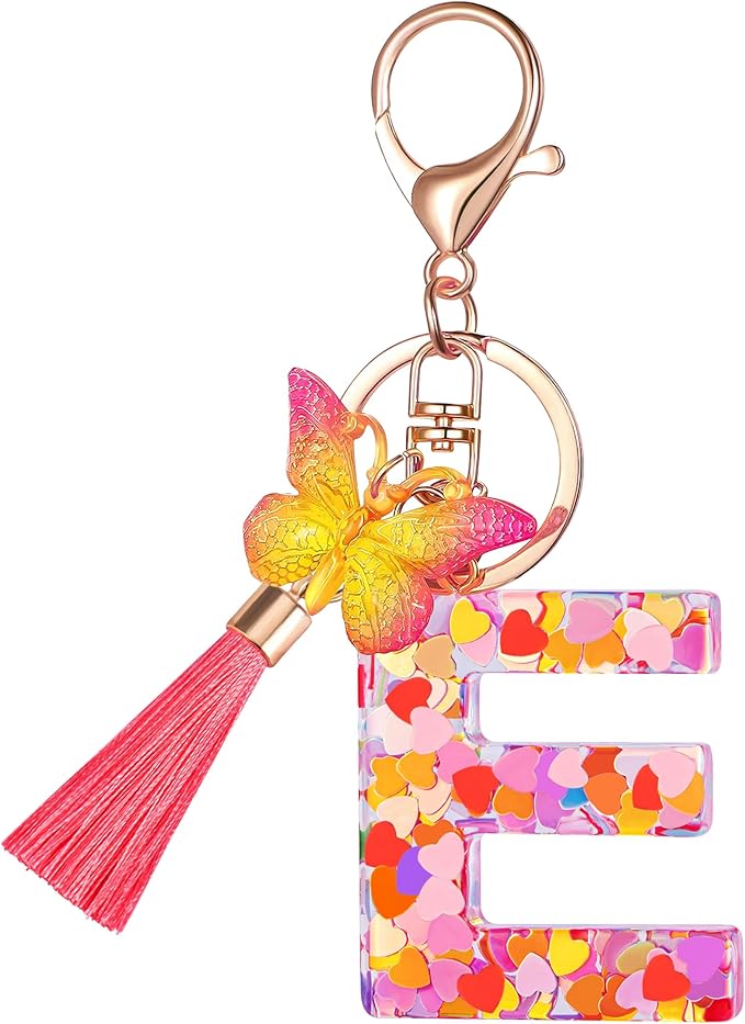 Suweibuke Colourful Cute Initial Letter Keychains for Women Girls with Tassel Butterfly, Charm for Purse Handbags Backpacks
