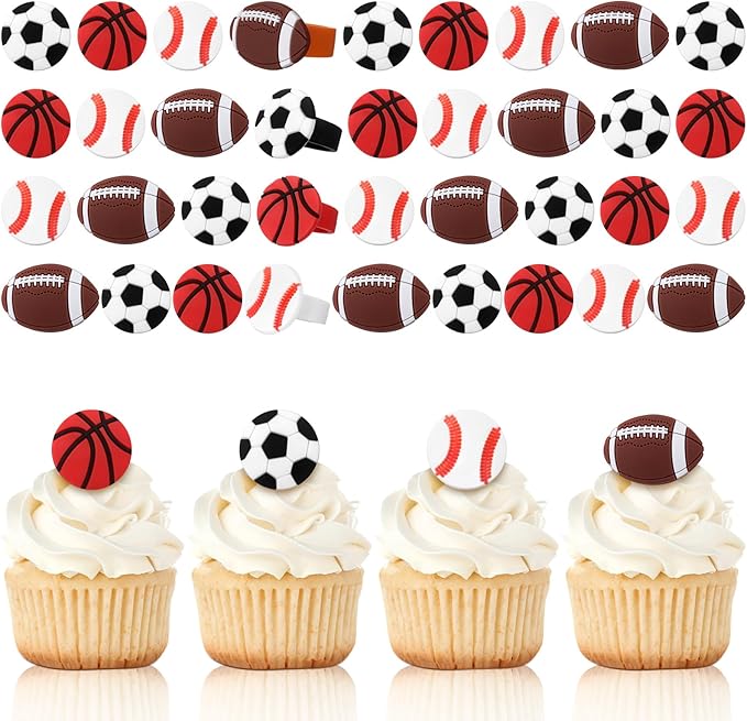 Honeydak 48 Pcs Sports Cupcake Toppers Basketball Softball Football Soccer Cupcake Rings Toppers Picks Decoration for Sport Baby Shower Birthday Party Cake Supplies