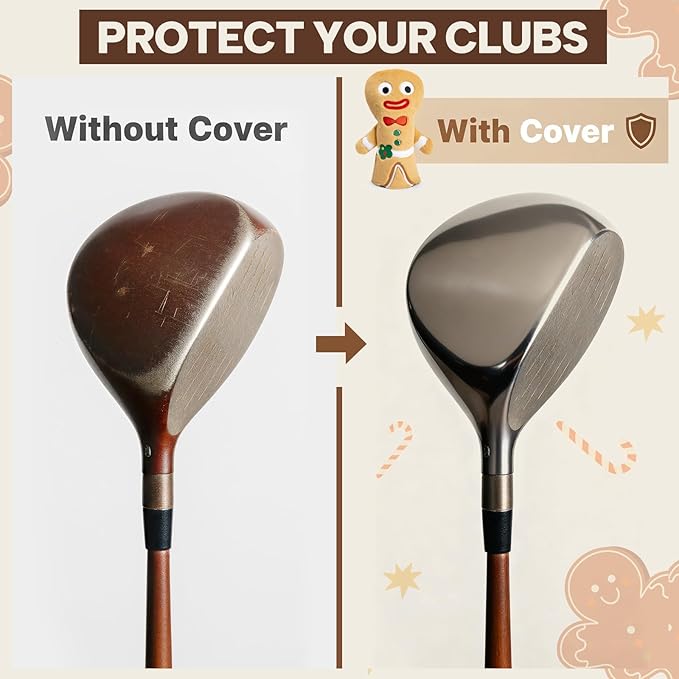 Golf Club Head Covers, Plush Gingerbread Man Golf Driver Covers Fairway Wood Hybrid Head Covers with Interchangeable Tags Advanced Embroidery 3 Wood Headcover Set