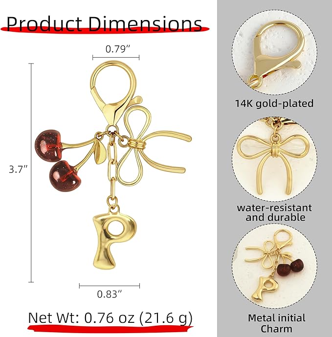 Gold Bubble Heart, Cherry, Bow & More Designs Letter Initial Keychain Bag Charms – Cute Purse Charms for Handbags