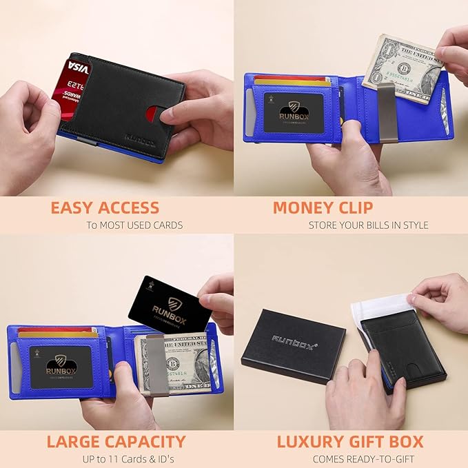 RUNBOX Money Clip Wallets for Men,Slim Leather Mens Bifold Wallet,RFID Blocking Front Pocket Wallet,Thin Credit Card Holder with Gift Box