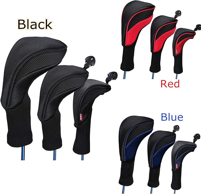 Black Golf Club Head Cover for Driver Fairway 3 Pcs Woods Headcovers, Golf Accessories Hybrid Head Covers Set with Interchangeable Tags 3 4 5 7 X