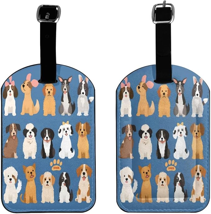 Cute Dogs Luggage Tag for Suitcases,Colorful Pug Doggy Puppy Blue PU Leather Baggage Tags Bag Tags Travel Id Label for Luggage Women Men -1 Piece