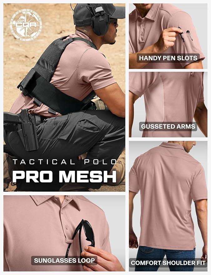 CQR Men's Polo Shirts, Tactical Short Sleeve Golf Performance Shirts, Lightweight Dry Fit UPF 50+ Pique