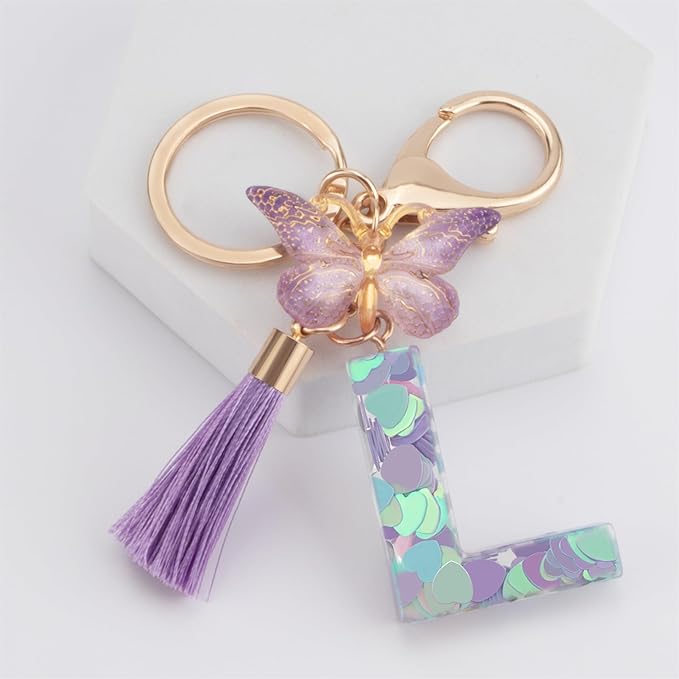 Suweibuke Colourful Cute Initial Letter Keychains for Women Girls with Tassel Butterfly, Charm for Purse Handbags Backpacks