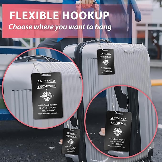 Custom Stainless Steel Luggage Tags (2 Pack) - Personalized Laser Engraved Luggage Tag, Waterproof Durable, for Bags, Backpack Travel, Suitcases (Black)